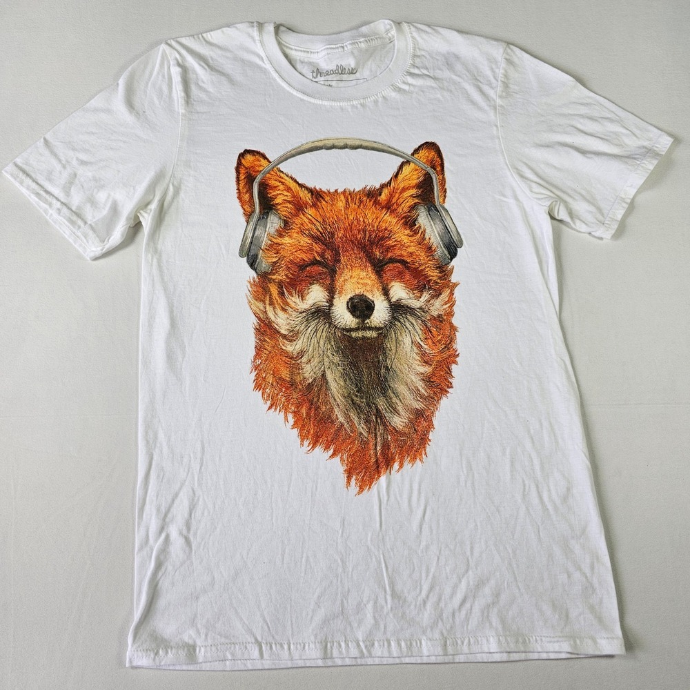 Men's T-Shirt Small Threadless Fox Headphones Cotton-White